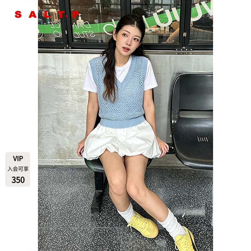 SALT.P可颜蓝色拼接针织假两件短袖T恤上衣女夏季AC35206120图片