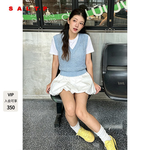 SALT.P可颜蓝色拼接针织假两件短袖T恤上衣女夏季AC35206120