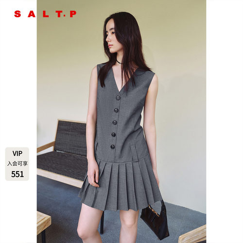 SALT.P可颜MIU系学院风无袖v领百褶连衣裙女夏季短款AC35205300