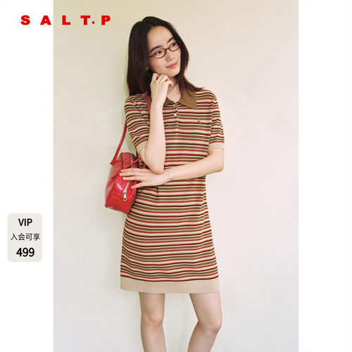 SALT.P可颜显瘦条纹醋酸棉polo领短袖针织连衣裙短款AC35206130