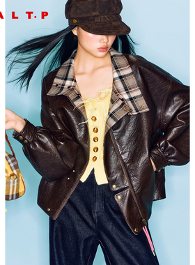 SALT.P可颜巴恩风格纹立领pu皮衣外套女宽松2025冬新款AC35510240