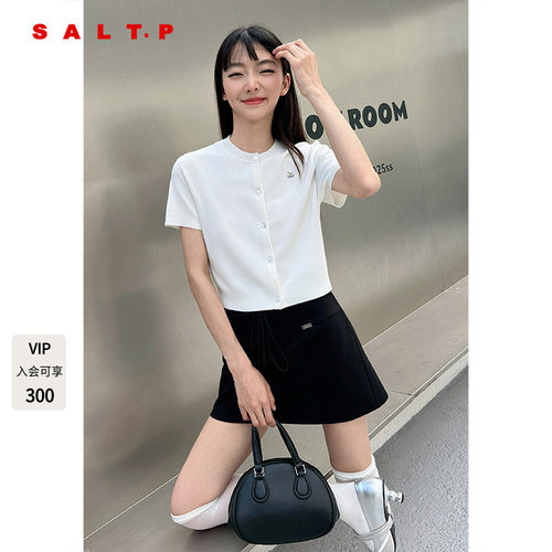 SALT.P可颜纯色圆领短袖针织开衫女夏季短款醋纤棉混纺AC35206270