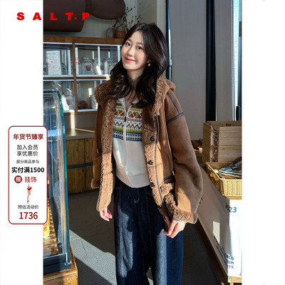SALT.P可颜100%羊毛仿麂皮绒两面穿连帽皮毛一体外套女2025冬新款