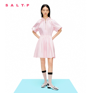 SALT.P可颜2024春新款甜美荷叶边领钉珠泡泡袖花苞裙连衣裙