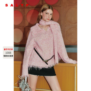 SALT.P可颜粉色彩点花纱翻领流苏毛衣女围巾2025冬新款AC35506070