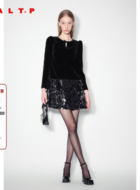 SALT.P可颜法式千金风黑色亮片丝绒连衣裙a字短款AC34505090