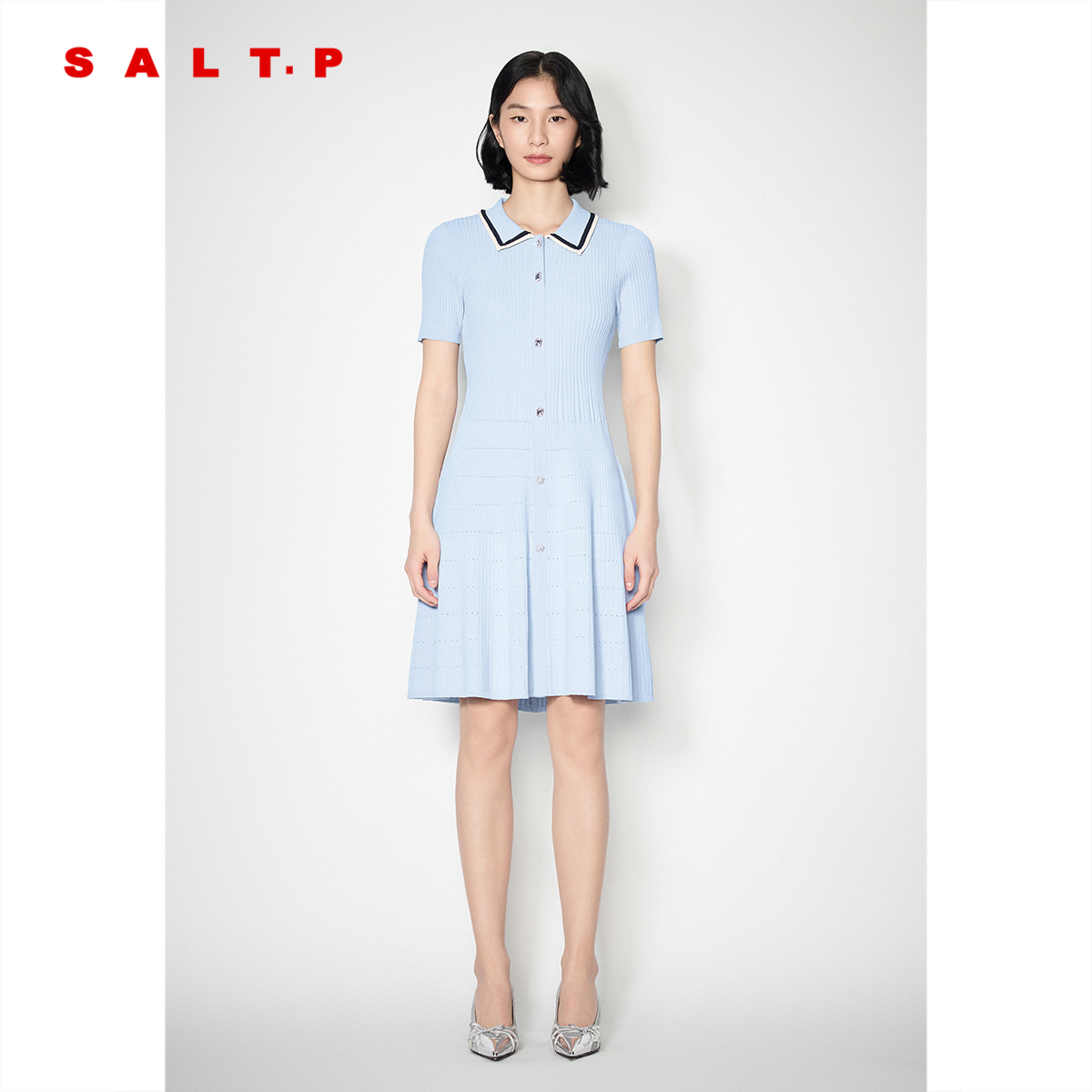 SALT.P可颜2025夏季新款浅蓝色polo翻领短袖针织连衣裙a字裙