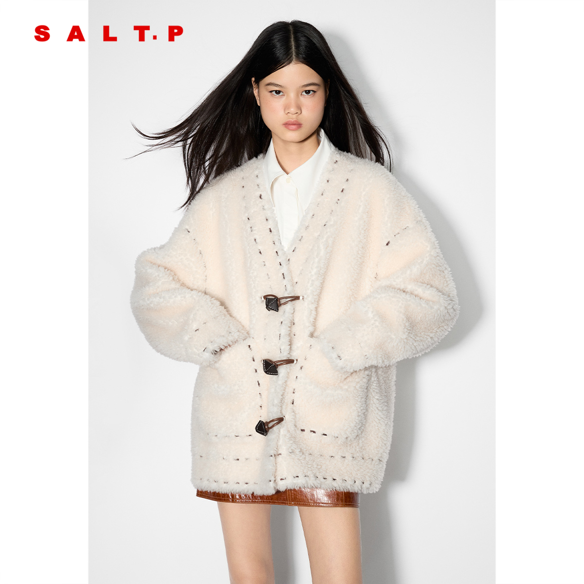 SALT.P可颜初剪羊毛颗粒绒v领大衣外套女2025冬季新款AC35510390