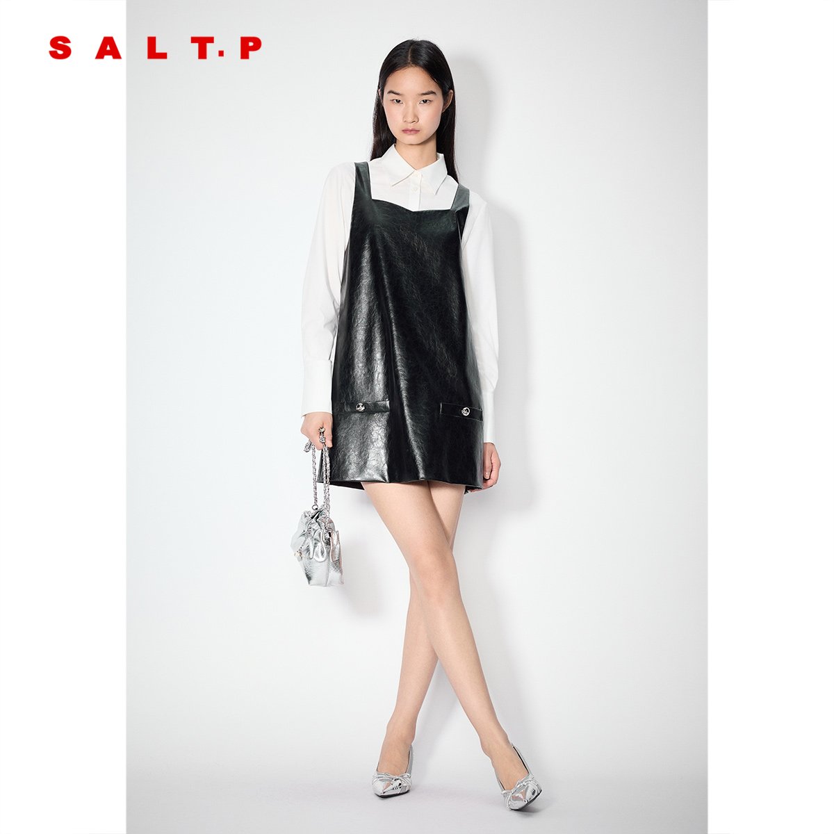 SALT.P可颜2025年秋季新款时髦pu皮背心式连衣裙短款AC35305010