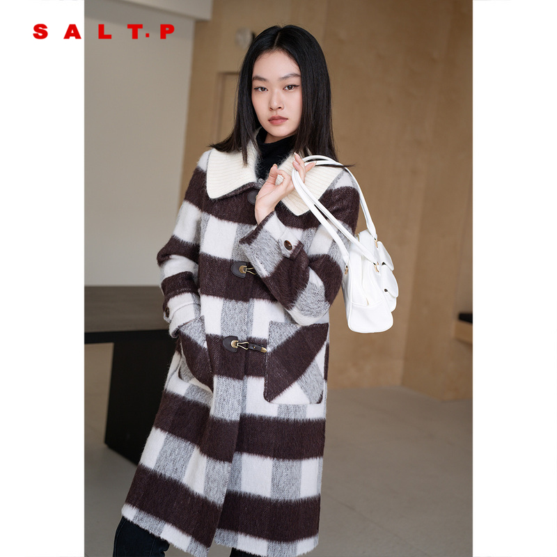 SALT.P可颜羊毛羊驼毛格纹大衣外套女中长款双层翻领AC34580070