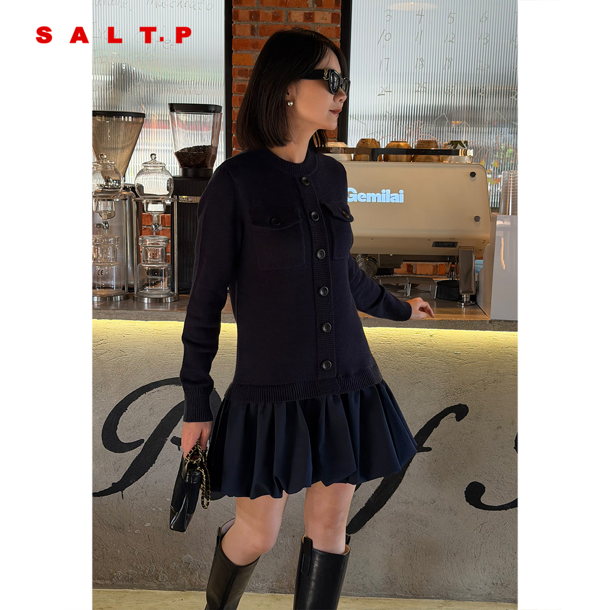 SALT.P可颜拼接假两件针织花苞连衣裙短款2025冬季新款AC35505070