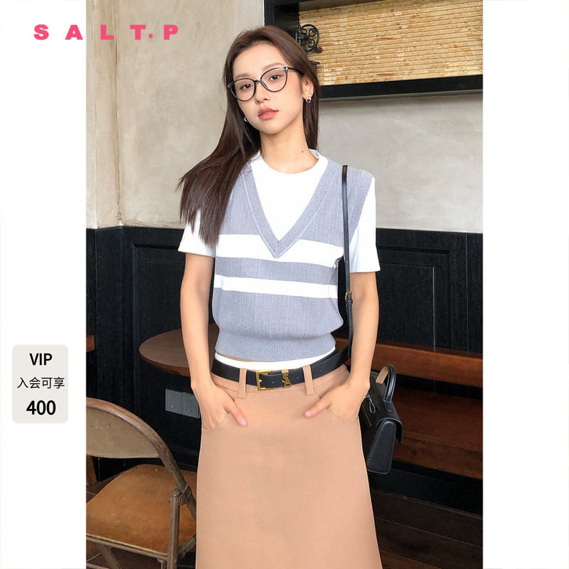 SALT.P可颜【董洁同款】学院风假两件针织短袖女夏季AC34206200图片