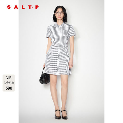 SALT.P可颜复古格纹衬衫式连衣裙收腰短款夏季透气棉质AC35205410