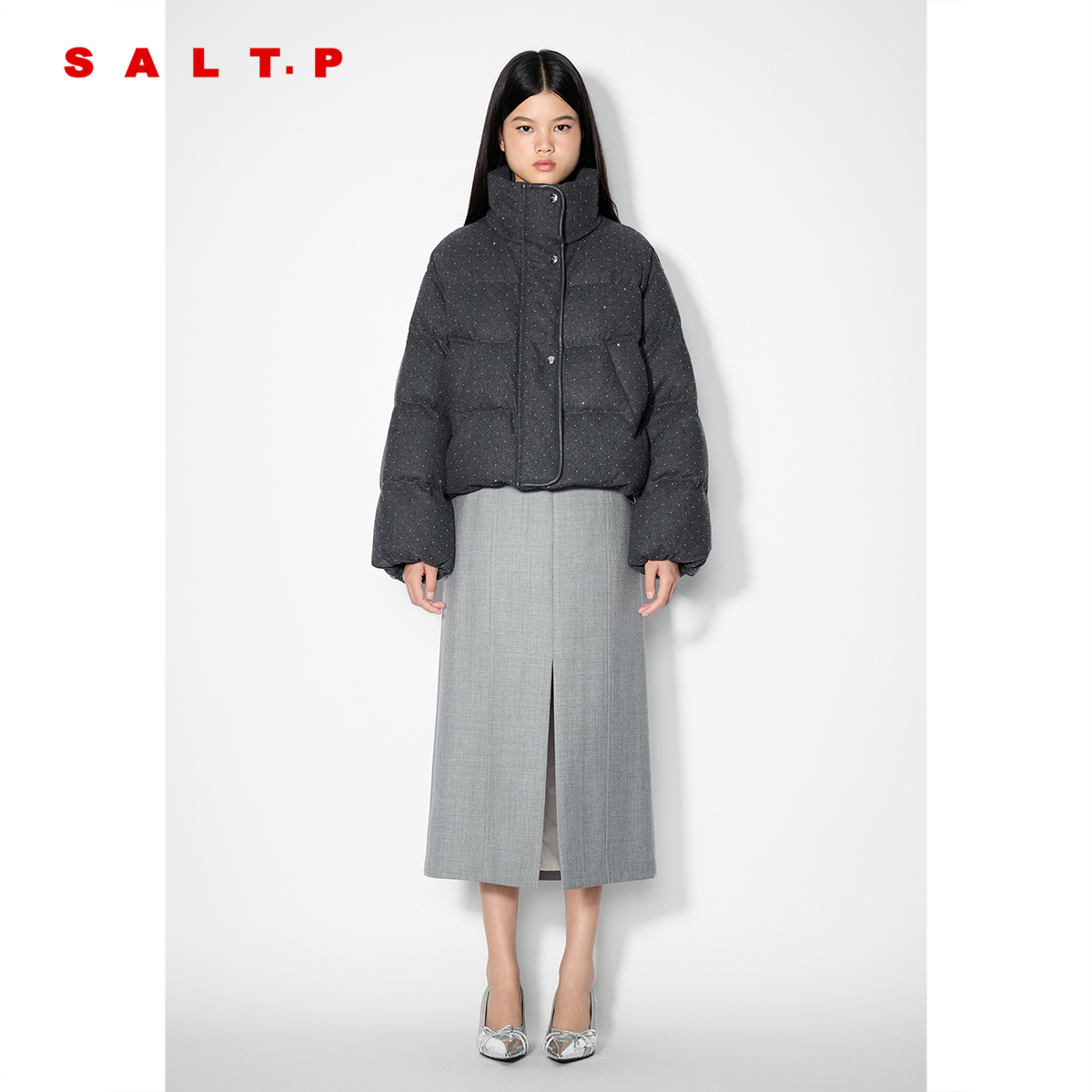 SALT.P可颜满天星烫钻羊毛立领羽绒服短款鸭绒面包服2025冬新款