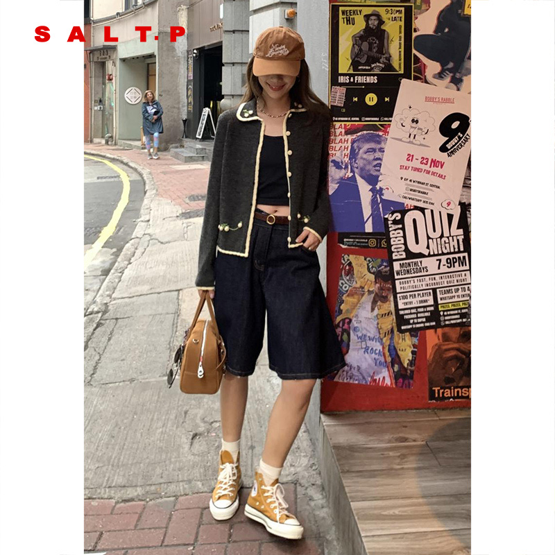 SALT.P可颜2025春夏新款法式手绣钩花娃娃领短袖针织上衣女短款