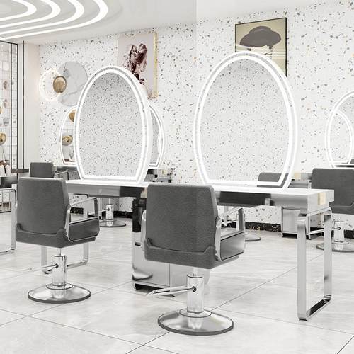 网红美发店烫染镜台发廊专用不锈钢带柜美发镜理发店带灯双面镜子