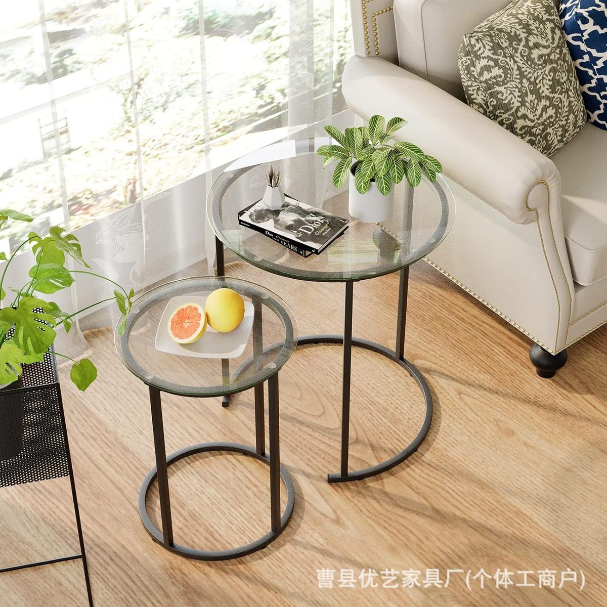 嵌套咖啡桌2件套现代黑色圆形边桌金属框架圆桌小玻璃网红茶几桌