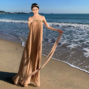 海边度假雪纺吊带连衣裙夏季 现货新款 仙女飘逸宽松性感露背长裙沙