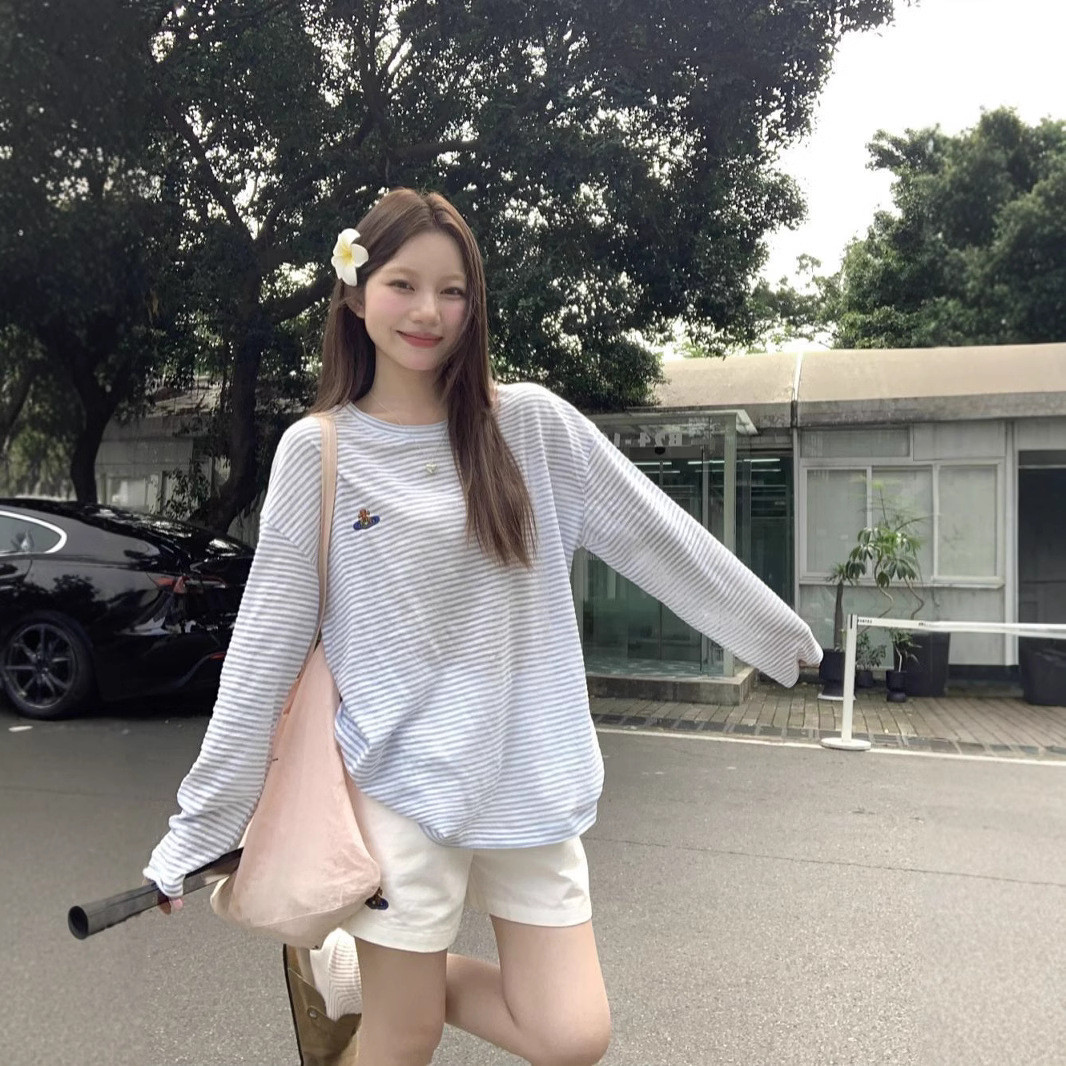 百搭条纹长袖防晒T恤女夏季2025新款刺绣宽松中长款薄款罩衫上衣