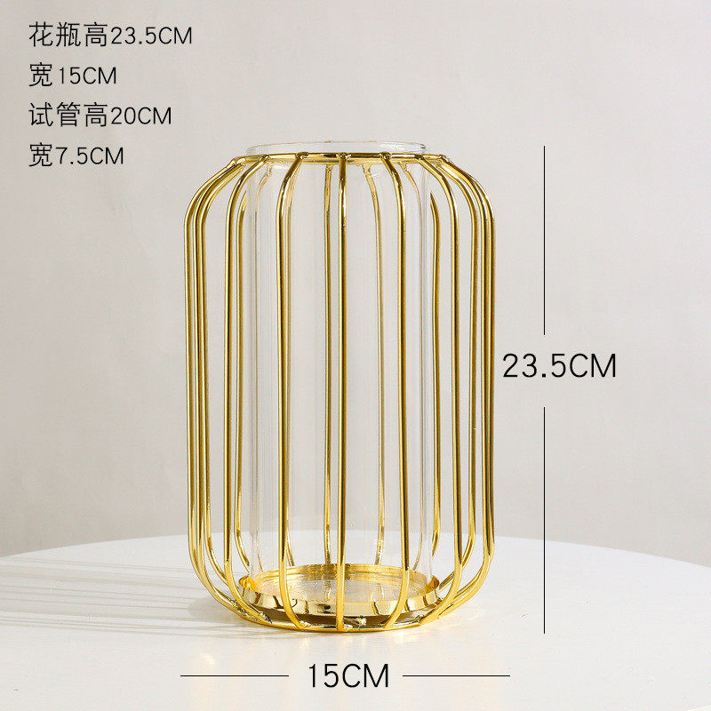北欧轻奢客厅试管玻璃花瓶几何款文艺餐桌铁艺干花仿真花插花摆件