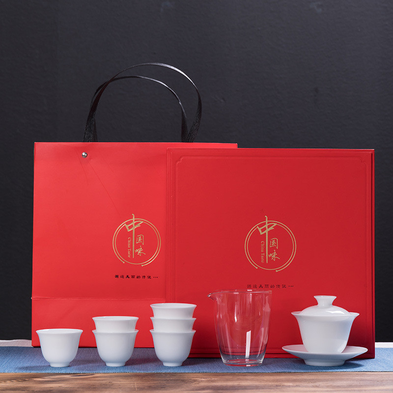 德化白瓷功夫茶具套装玉泥商务礼品定制陶瓷茶杯整套茶艺培训盖碗