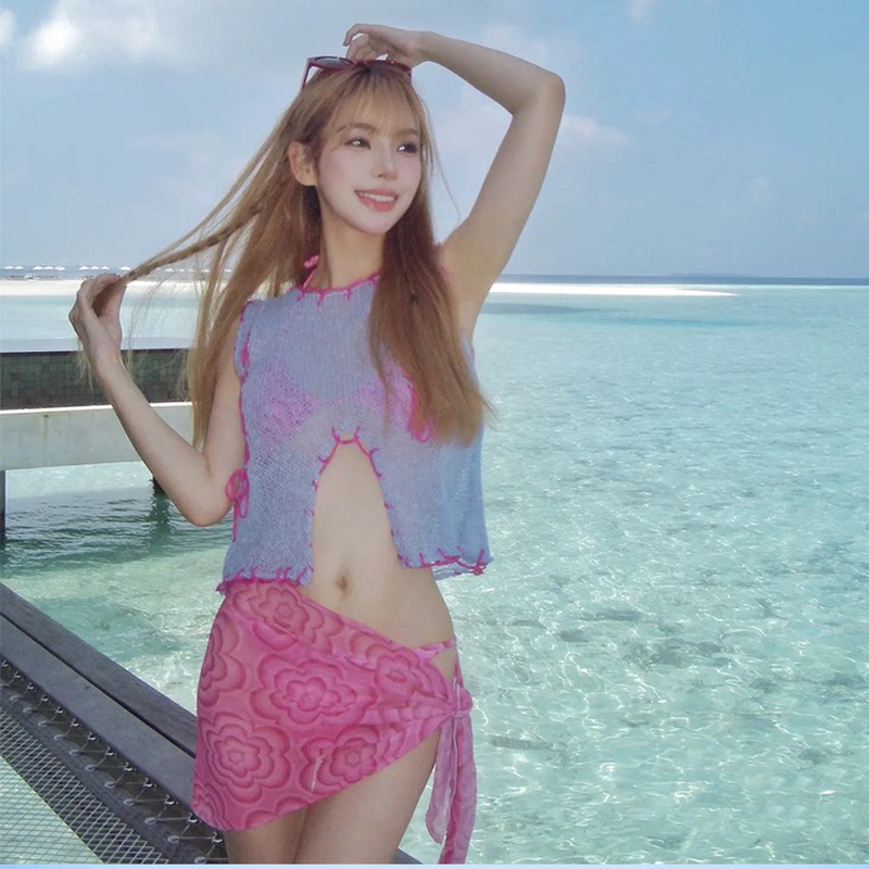 速发高货比基尼泳衣女网红纯欲风性感辣妹四件套针织罩衫海边拍照