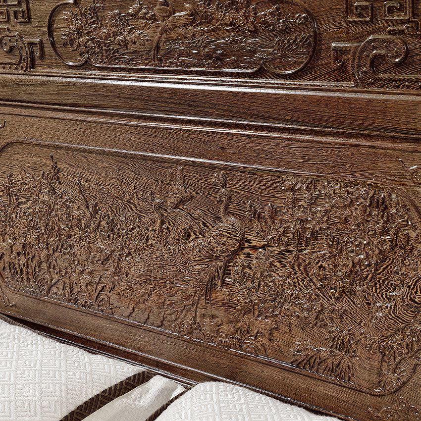 2o6x双人床非洲鸡翅木花鸟大床1.8米新中式全实木床1.5米红木家具