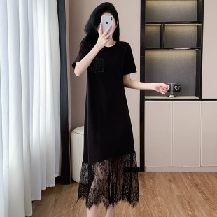 新品 蕾丝 法式 轻奢设计连衣裙子女夏高级质感洋气宽松遮肚显瘦时尚