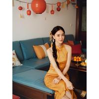 新品新中式掛脖旗袍晨袍女法式高級感小眾新娘結(jié)婚婚禮晨拍禮服連