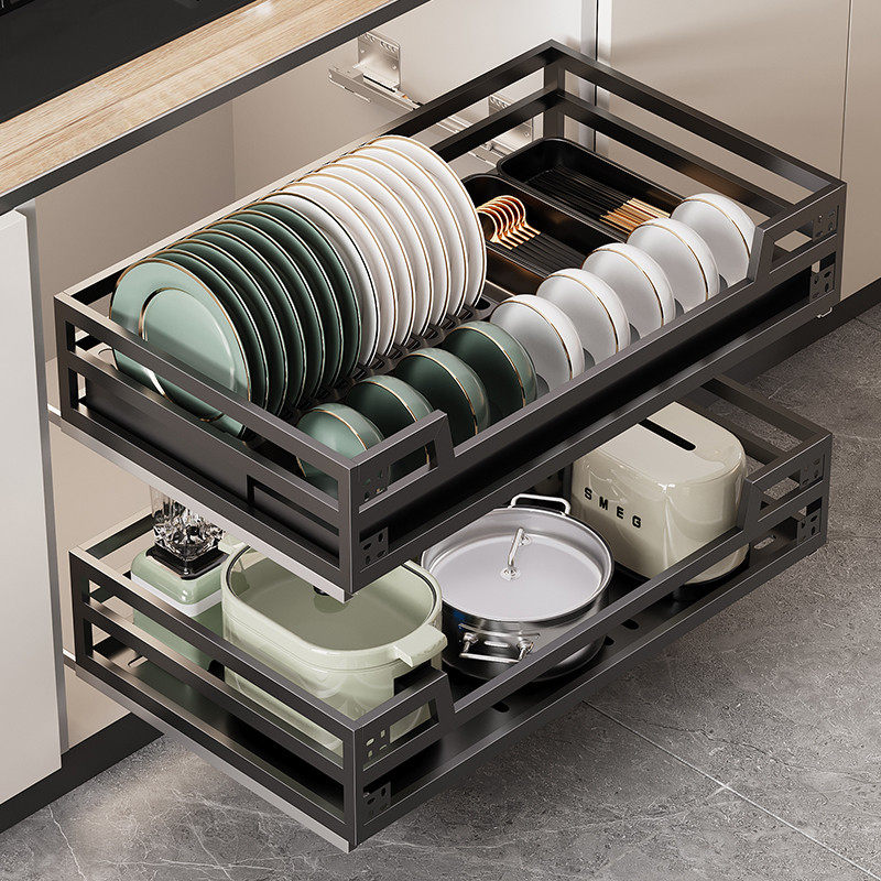 拉篮厨房橱柜304不锈钢双层抽屉式碗架调味篮厨柜内置收纳碗碟篮,家装主材,拉篮,淘宝优惠券,粉丝福利购,淘宝优惠卷