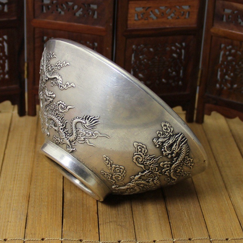 古玩工艺品六条收藏厂家现货铜制复古做旧铜器批发龙白铜银碗