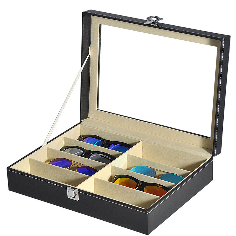 跨境眼镜盒大容量开窗透明抽屉式墨镜盒pu皮革太阳镜眼镜收纳盒