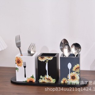 简约收纳盒刀叉收纳盒厨房桌面勺子餐具木制木质方形家用木质筷筒