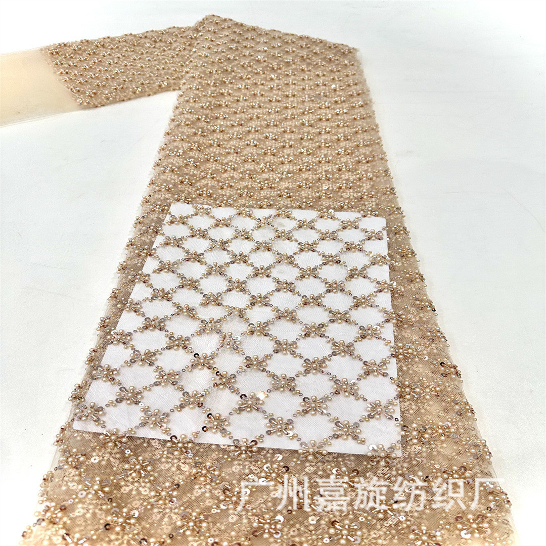 2024格子交错珠子面料重工钉珠PET亮片白色金色婚纱礼服蕾丝布料