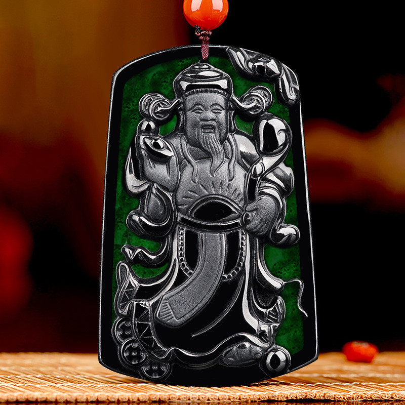 天然墨翠a货翡翠迎福财神玉石吊坠墨玉冰种玉坠挂件四会玉器包邮