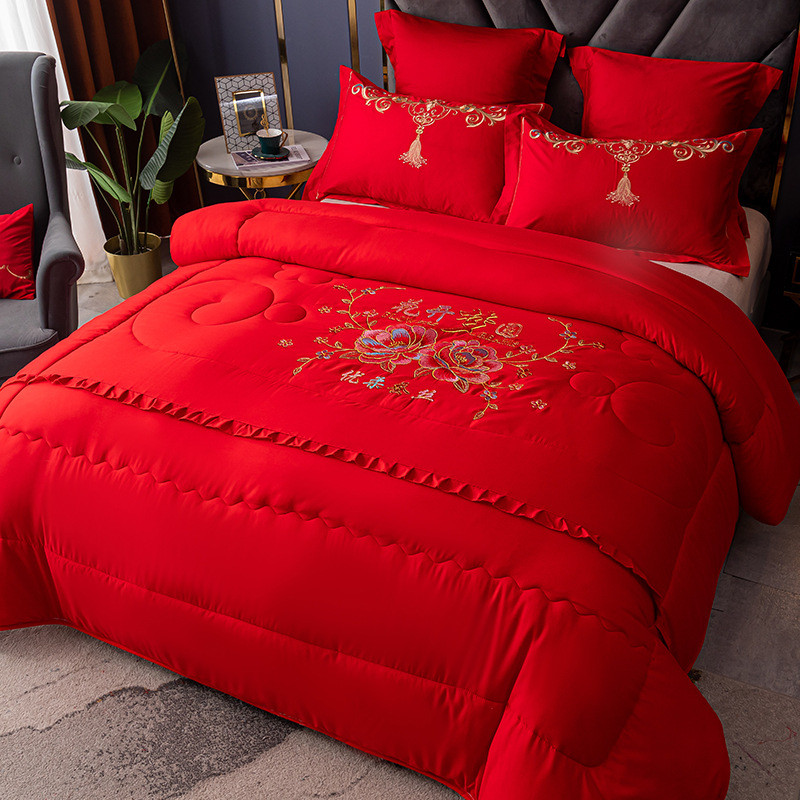 bb4c批发结婚绣花被子双人喜被婚庆大红色被芯加厚保暖刺绣冬