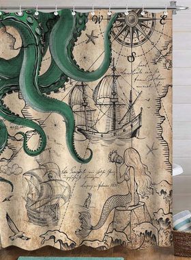 复古绿色航海章鱼浴帘中古风浴帘防水防霉布帘厕所洗澡隔断遮挡