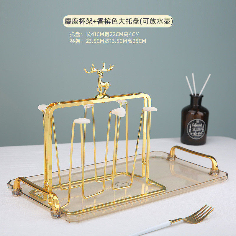 轻奢琥珀色水杯架彩色六角玻璃水杯麋鹿果汁炫水具套装大容量无铅