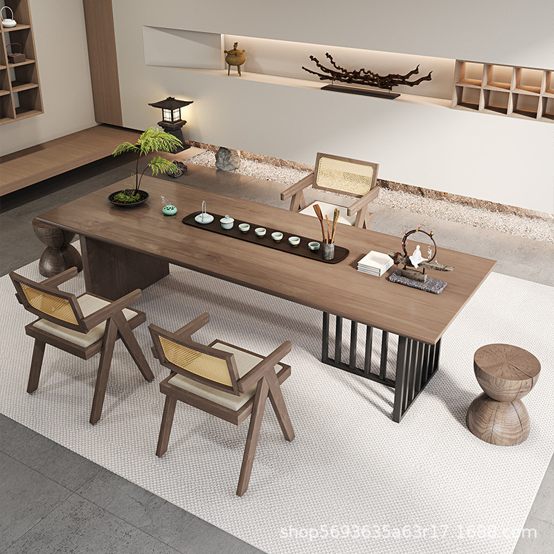 侘寂风原木大板泡茶桌椅组合喝泡茶台2023新款实木办公室茶几茶桌