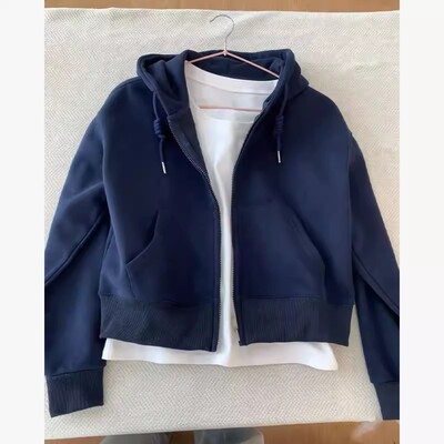 开春藏蓝色短款卫衣外套女春秋2025新款连帽拉链开衫休闲薄款上衣