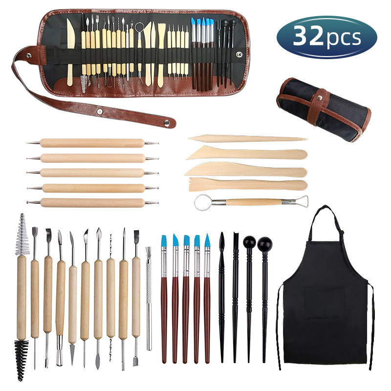 陶泥工具质点32件套硅胶笔棒陶艺雕刻粘土工具木布包钻笔厂家