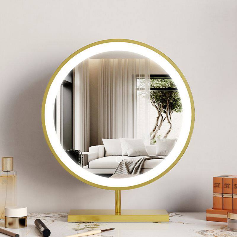 不锈钢桌面智能led灯镜子大号轻奢梳妆补光镜圆形美妆化妆镜台式