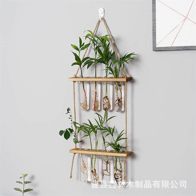 简约木质壁挂式玻璃花盆架办公室家庭双层架现代墙面装饰试管架