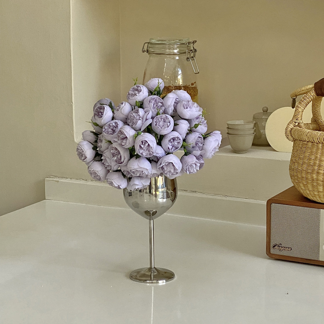 高级轻奢摆件客厅摆件高脚杯仿真花束梳妆台仿真花电镀花瓶套装花