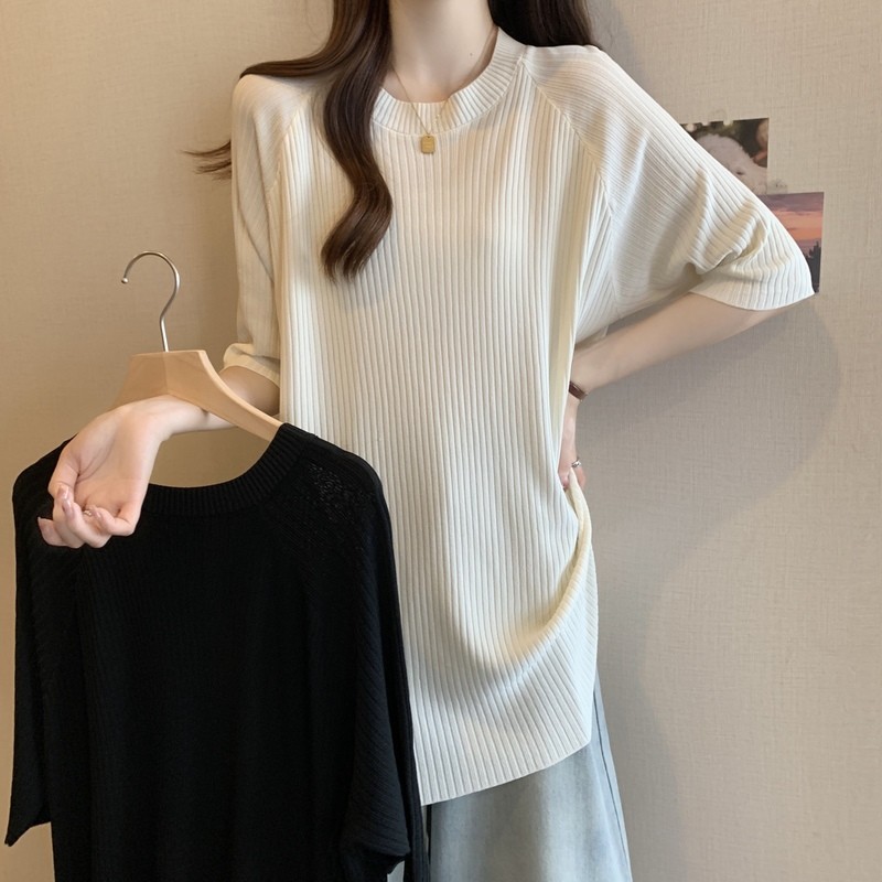 轻奢高货法式高级圆领宽松短袖针织衫女夏大码胖mm中长款宽松遮屁