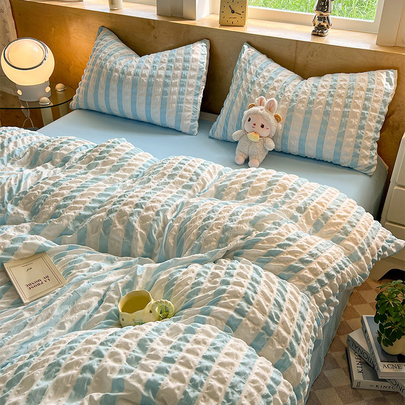 灰高级ins小方格泡泡四件套水洗棉1.8m被套床单大学生宿舍三4件套