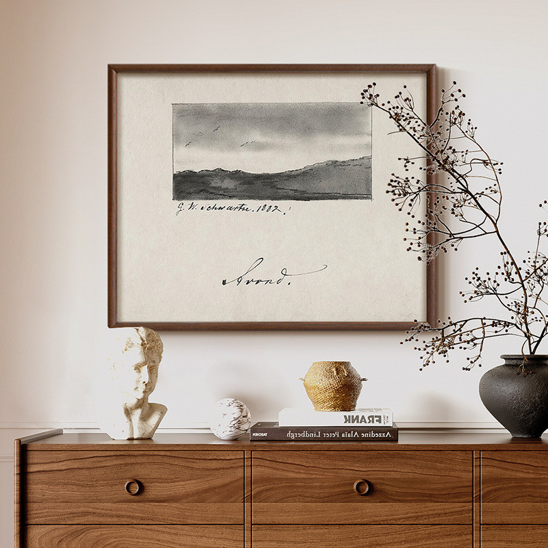 素描远山》法式复古黑白风景装饰画客餐厅中古风美式玄关艺术挂画图片