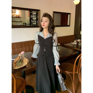 泡泡袖 鄧六六法式 茶歇裙赫本優(yōu)雅氣質(zhì)假兩件女春高級感