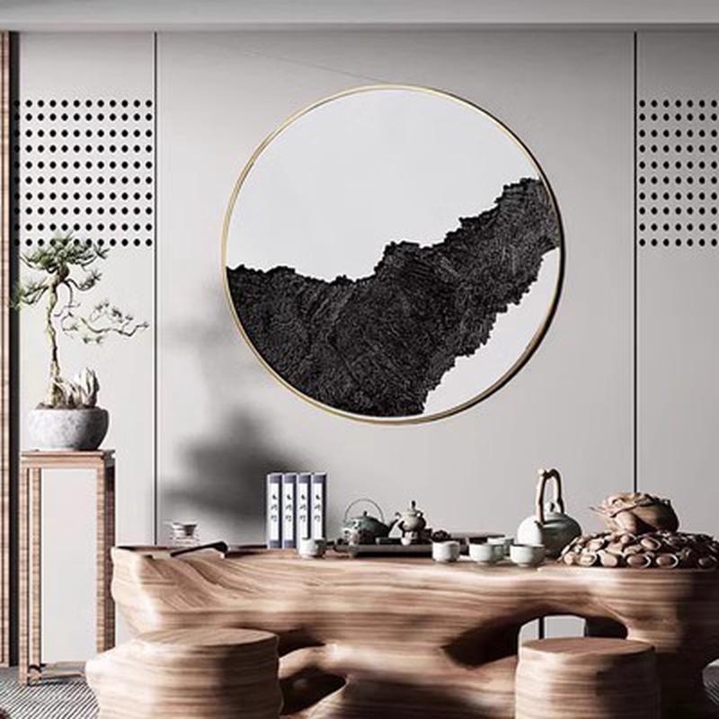 新中式手绘立体背景墙浮雕禅意玄关走廊圆形画客厅书房肌理装饰画图片
