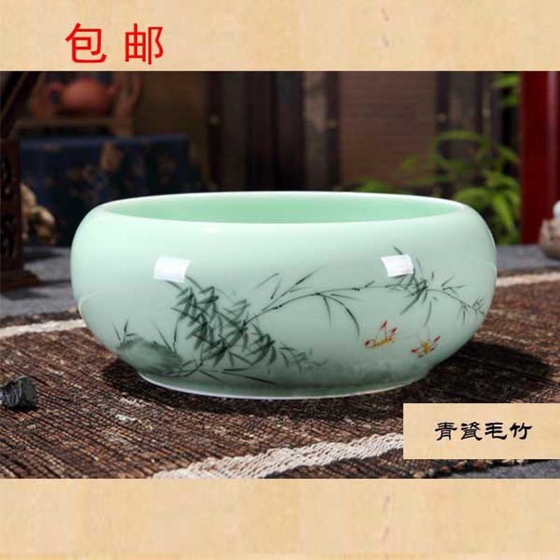 现货青瓷手绘浮雕鲤鱼笔洗缸青瓷茶洗水盂洗茶杯盆器皿洗笔茶具